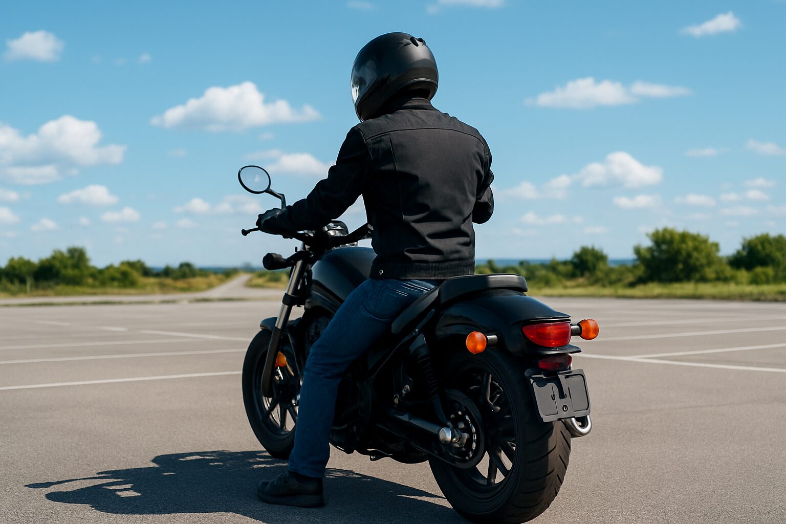 郊外の駐車場で大型バイクにまたがる初心者ライダーの後ろ姿